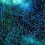 Intricate network of glowing blue and green lines and dots against a dark background