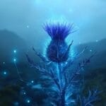 Glowing blue thistle flower in a mystical underwater landscape with sparkling lights.