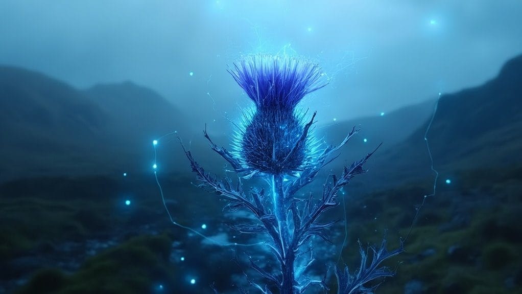 Glowing blue thistle flower in a mystical underwater landscape with sparkling lights.