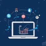 Laptop displaying graph showing digital marketing analytics and SEO optimization icons on a dark blue background.