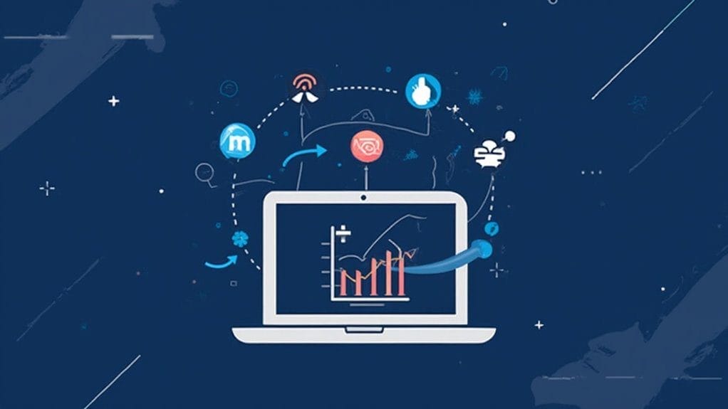 Laptop displaying graph showing digital marketing analytics and SEO optimization icons on a dark blue background.