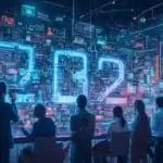 Futuristic neon-lit cafe interior with vibrant digital displays.