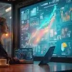 Woman analyzing financial data and charts on multiple digital screens in a modern office setting.