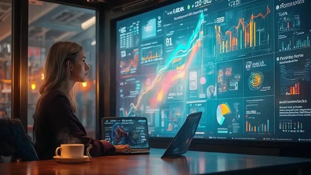 Woman analyzing financial data and charts on multiple digital screens in a modern office setting.