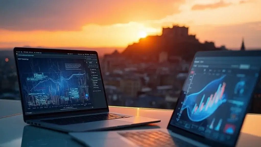 Two laptops displaying stock market charts overlooking a city at sunset