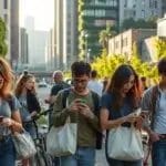 People walking on city street, using mobile phones