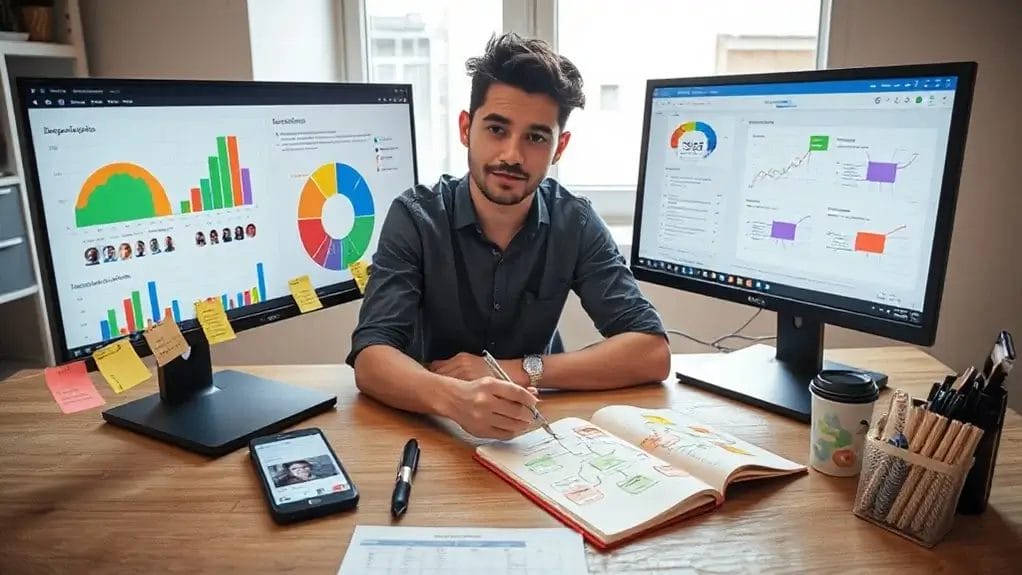 Young man working at a desk with multiple computer screens displaying data analytics and visualization.