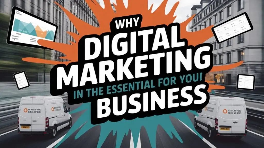Why Digital Marketing is the essential for your business, with various digital marketing elements shown.