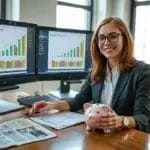 Businesswoman with glasses analyzing charts and data on computer monitors in office.