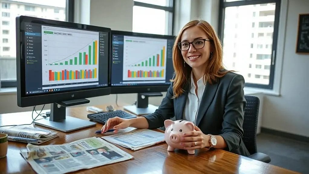 Businesswoman with glasses analyzing charts and data on computer monitors in office.