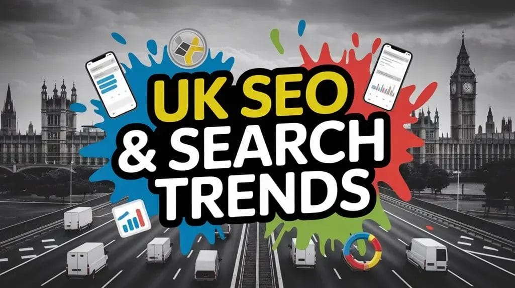 Colorful graphic depicting UK SEO and search trends with Big Ben and cityscape in the background.