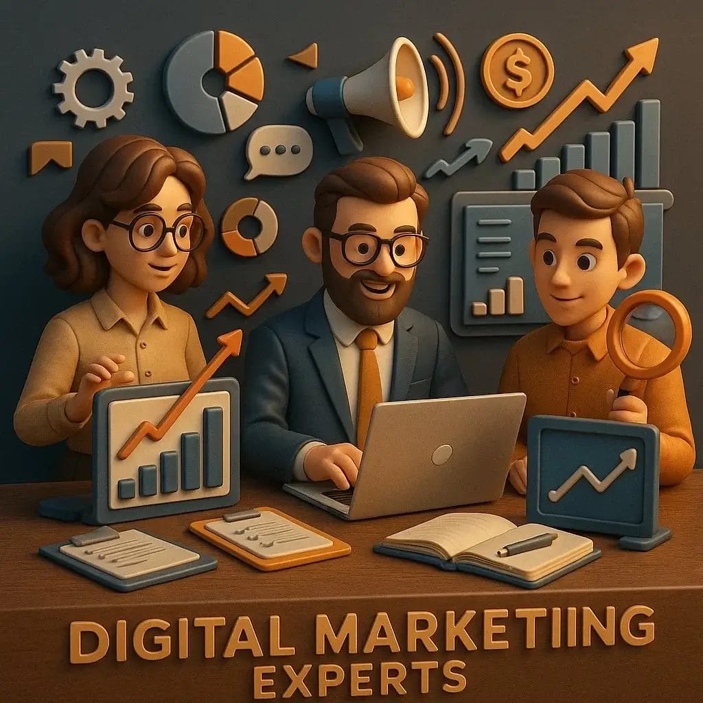 Three digital marketing experts with laptop and digital marketing icons on dark background