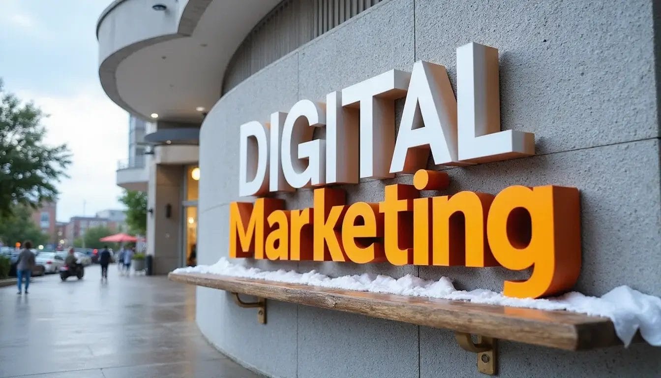 Large digital marketing sign on a grey concrete wall during winter.