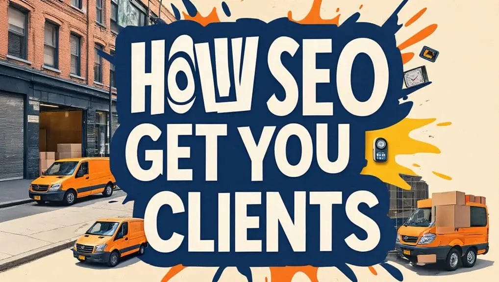 Outdoor mural advertising 'How SEO Get You Clients' with orange delivery vans and urban cityscape backdrop.