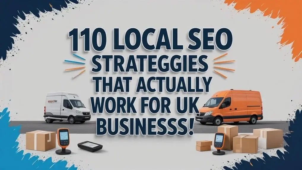 Image showcasing 110 local SEO strategies that work for UK businesses, featuring delivery vans, boxes, and mobile devices.