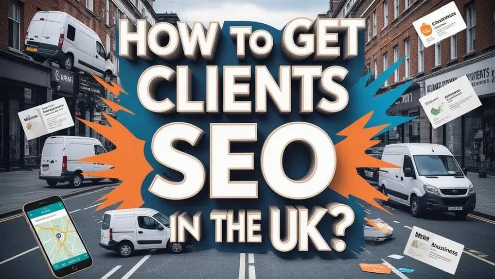 City street scene with vans, trucks, and signage about getting clients SEO in the UK.