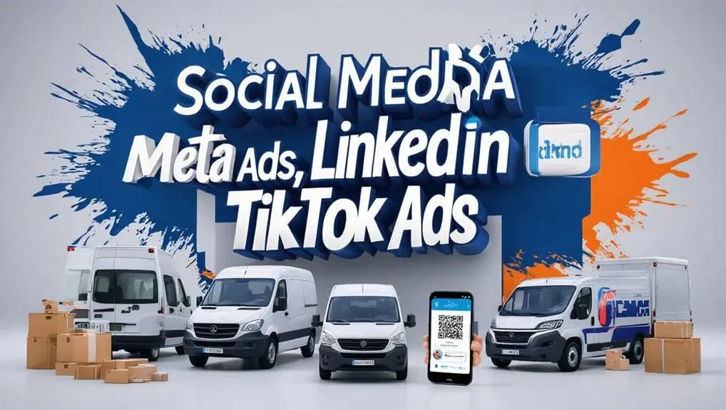 Diverse social media advertising platforms including Meta Ads, LinkedIn, and TikTok Ads featured with delivery trucks and packages.