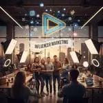 Group of people in an influencer marketing event holding food and recording with various social media icons in the background.