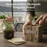 Wooden block with "Certified Sustainable: Est. 2023" label, potted plant, and notepad on a wooden surface.