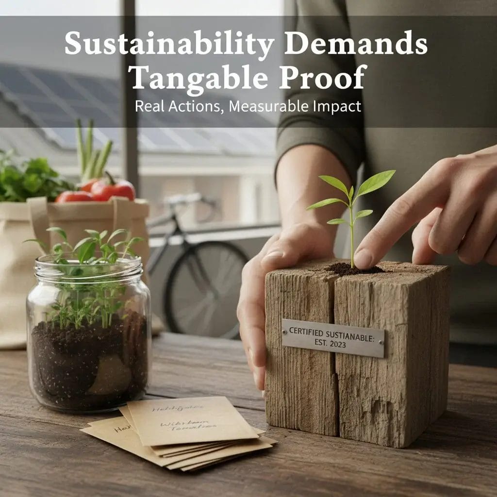 Wooden block with "Certified Sustainable: Est. 2023" label, potted plant, and notepad on a wooden surface.