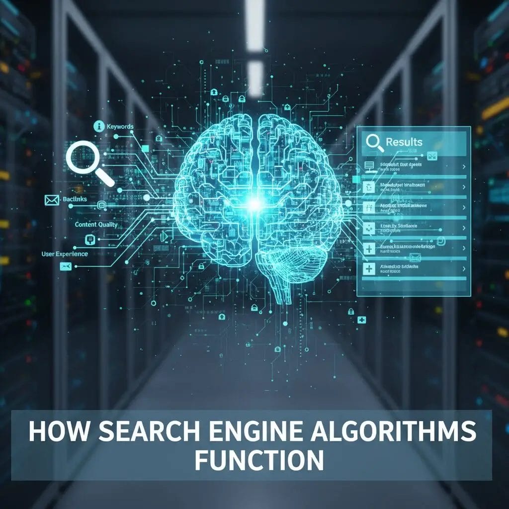 Conceptual image depicting how search engine algorithms function, with a glowing digital brain and search engine optimization elements.