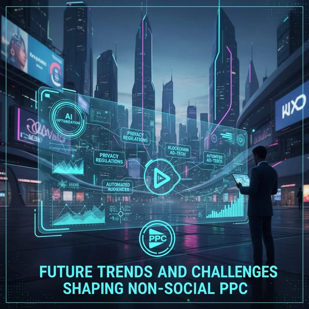 Futuristic digital display showing PPC trends and challenges in a high-tech urban cityscape.